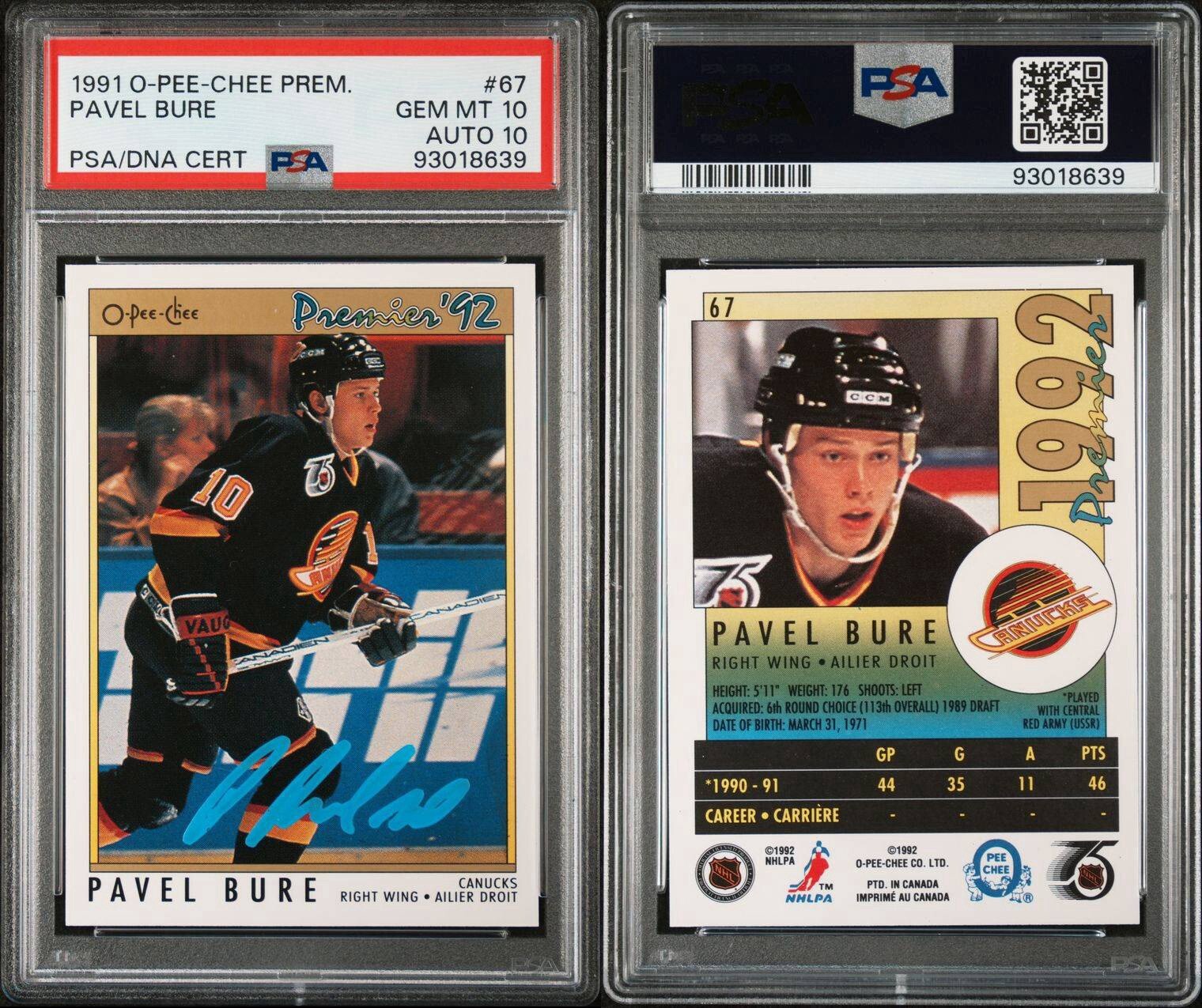 1991 O-Pee-Chee Premier #67 PAVEL BURE Rookie PSA 10 AUTO 10 DUAL GEM MINT