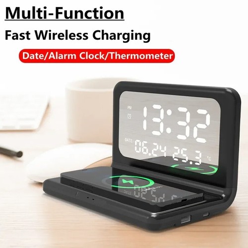 15W Wireless Fast Charger Alarm Clock Stand Charging for IOS & Android - 第 1/8 張圖片