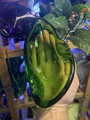Vintage LE Smith Mid-Century Modern green freeform orbit glass Infinity ashtray