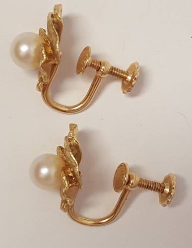 14k Yellow Gold Pansy Flower Earrings 6mm Pearls Screw Back Vtg Orig Box Hinshaw - Picture 8 of 24