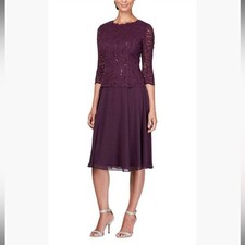 NWT ALEX EVENINGS Scallop Lace Top Tea Length Chiffon Dress Plum Purple Size 6