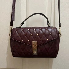 Guess Handbag, Burgundy, Quilted, Crossbody Strap, “Bethel”, Top Handle, Studs