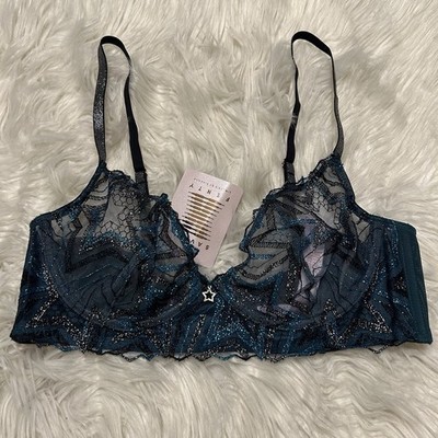 Savage X Fenty 34C Bra Green Plunge Star Print Underwire Sheer Cup NEW