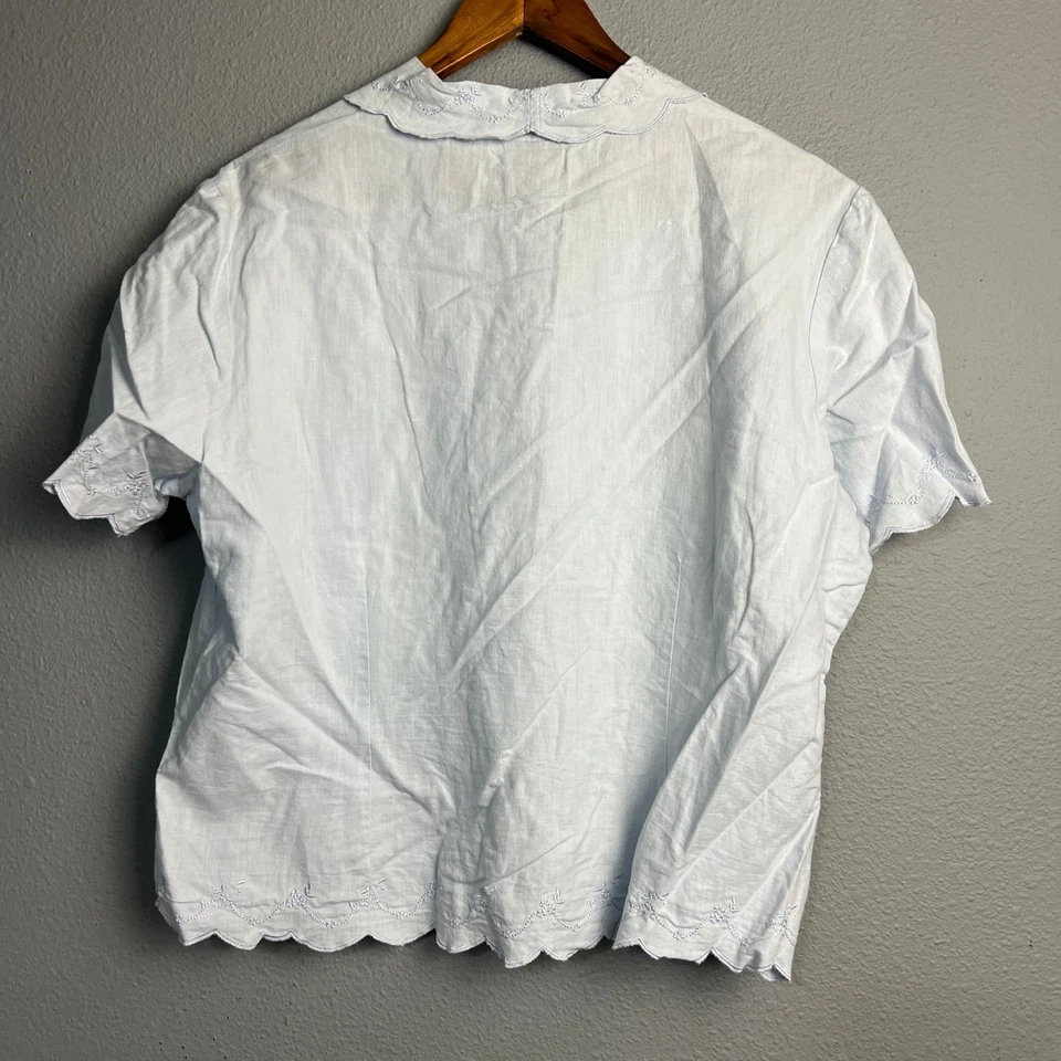 Laura Scott Womens Top Size 16 Blue Embroidered Linen Blend Short Sleeve Blouse - Image 3 of 4