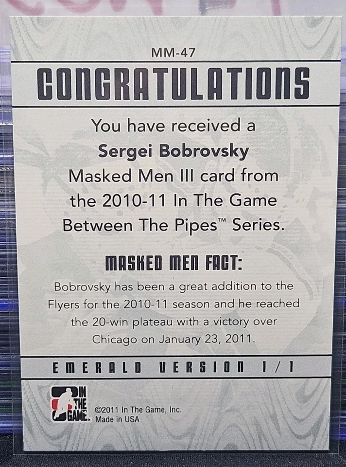 10-11 In The Game Sergei Bobrovsky Masked Men Rookie 🌈🌈🌈 Emerald Variant #1/1 - Image 3 of 4