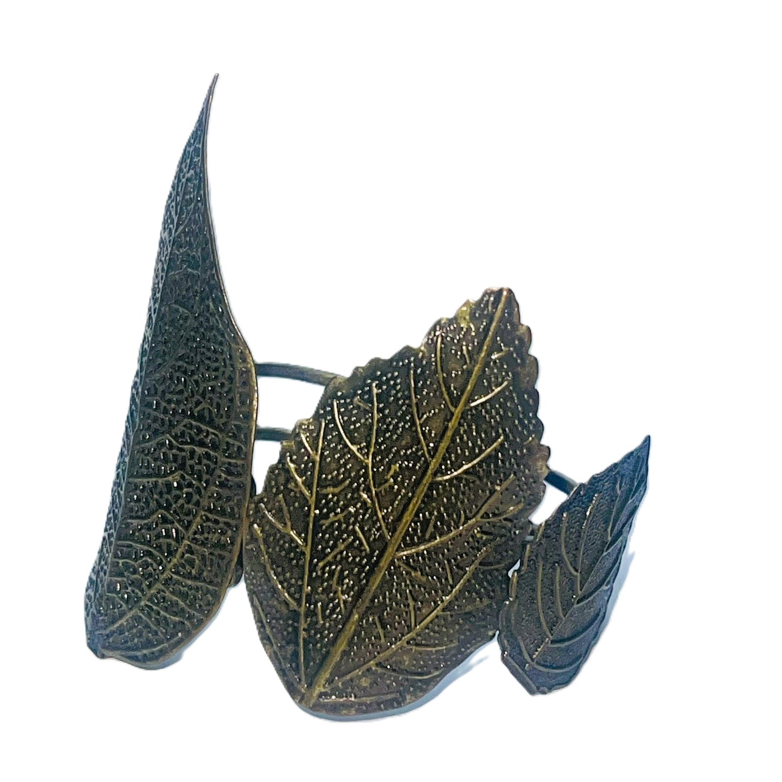 Hinged Clamper Bracelet Bronze Tone Leaves Asymmetrical Vintage Costume Jewelry