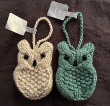 Owl Ornaments Knitted Acrylic Sage Ivory Silver Set of 2 NEW with tags Christmas