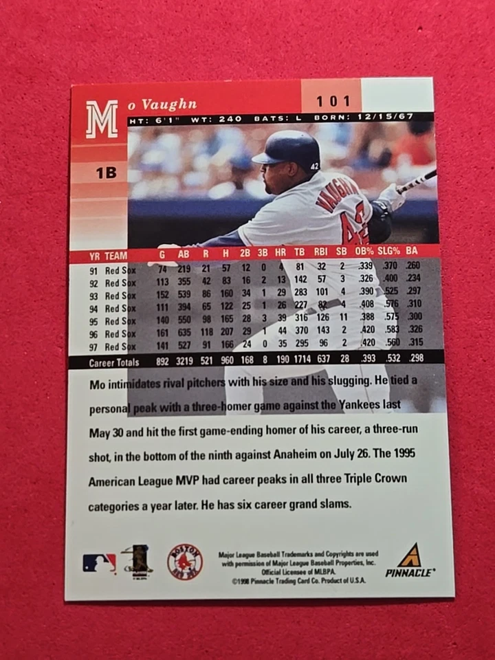 1998 Mo Vaughn Pinnacle Plus #101 - Image 2 of 2