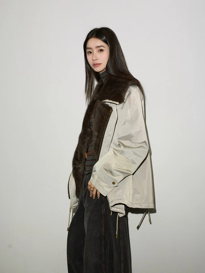 Mink Fur Removable Liner Coats Women's Short 90% White Goose Down Jacket Parka - Image 3 of 4