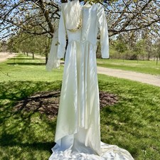 VTG 30s 40s Ivory Liquid Satin Wedding Dress Gown Long Cathedral Train  Veil 