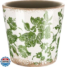 Beeveer Vintage Ceramic Planter 5.5 Inch Beige Green Ice Glazed Crack Floral 