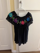 Black Off Shoulder Floral Embroidered Lace Trim Shift Dress Cotton One Size