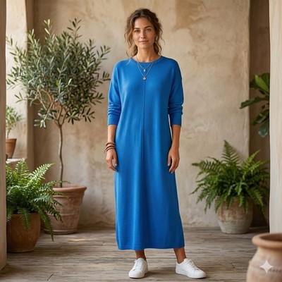 Vintage Blue Schrader Knit Midi Shift Long Sleeve Sweater Dress 16 | eBay