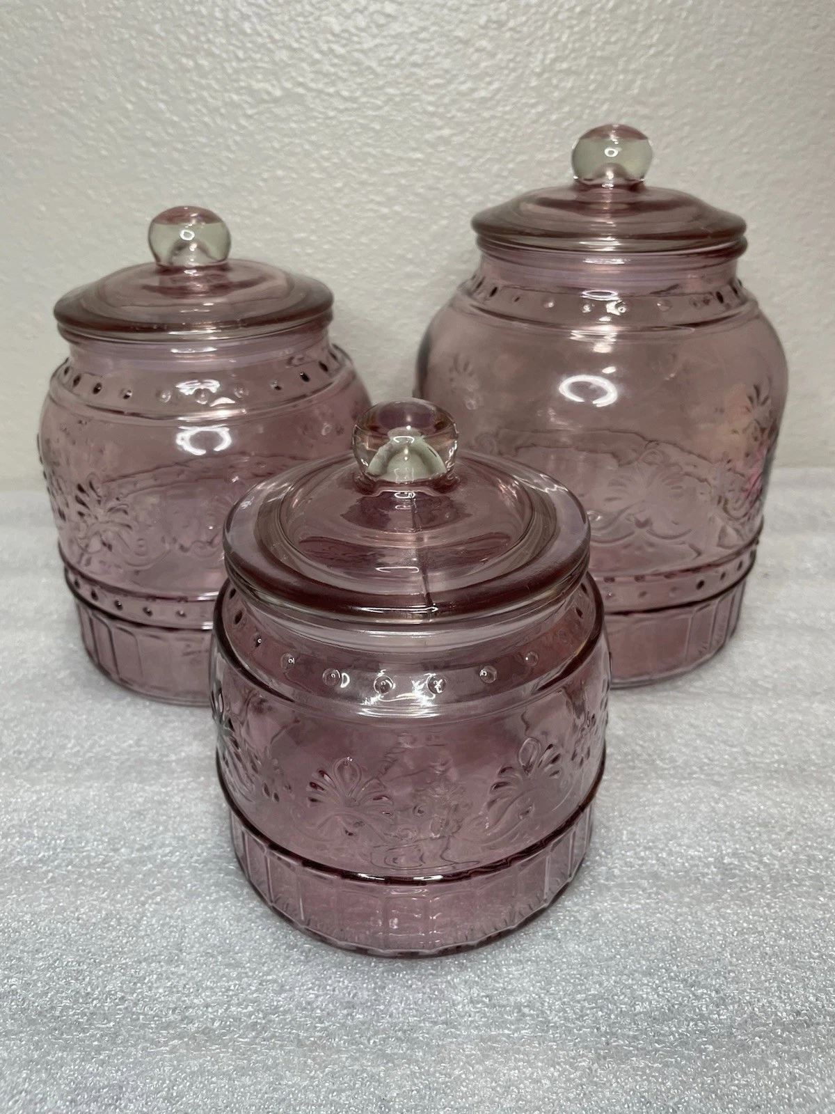 Pioneer Woman Embossed Pink Rose Glass Canisters (set of 3)