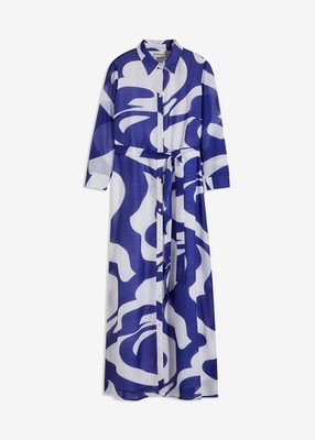 Bedrucktes Midikleid Gr. 42 Saphirblau Weiß Graphisch Damen Langarm-Kleid Neu