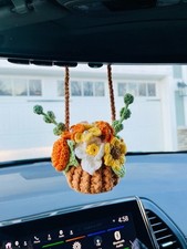 Crochet Flower Car Hanging Plant, Handmade Rearview Mirror Decoration, Car Decor