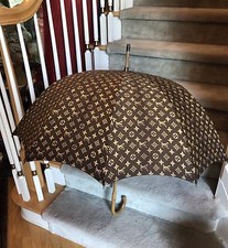 Vintage 1970s LOUIS VUITTON Wood Handle Cotton Fabric Umbrella Parasol EXCELLENT