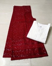 Indian Off-White Chikan Kurti with Maroon Palazzo Embroidered Kurti Pants Set