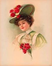Antique 1908 Victorian Art Print - Lady with Easter Hat & Red Carnation NOS