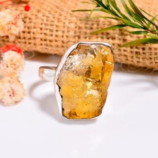 Natural Raw Citrine Gemstone Ring Yellow Stone 925 Sterling Silver Boho Rings