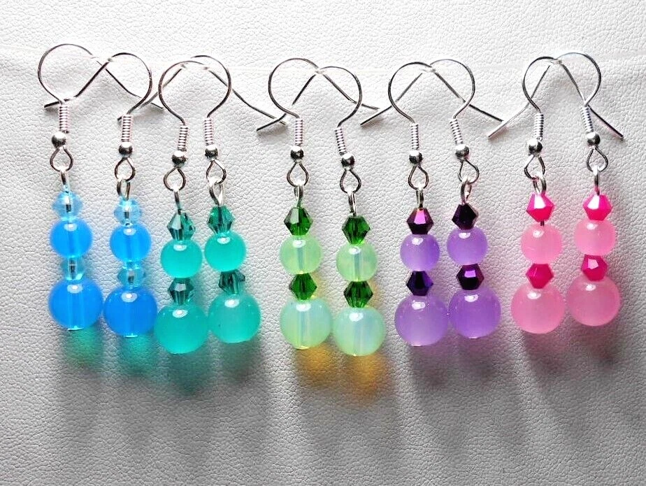 Glass beads earrings Purple Pink Green Blue Aqua 43mm long. 2B3