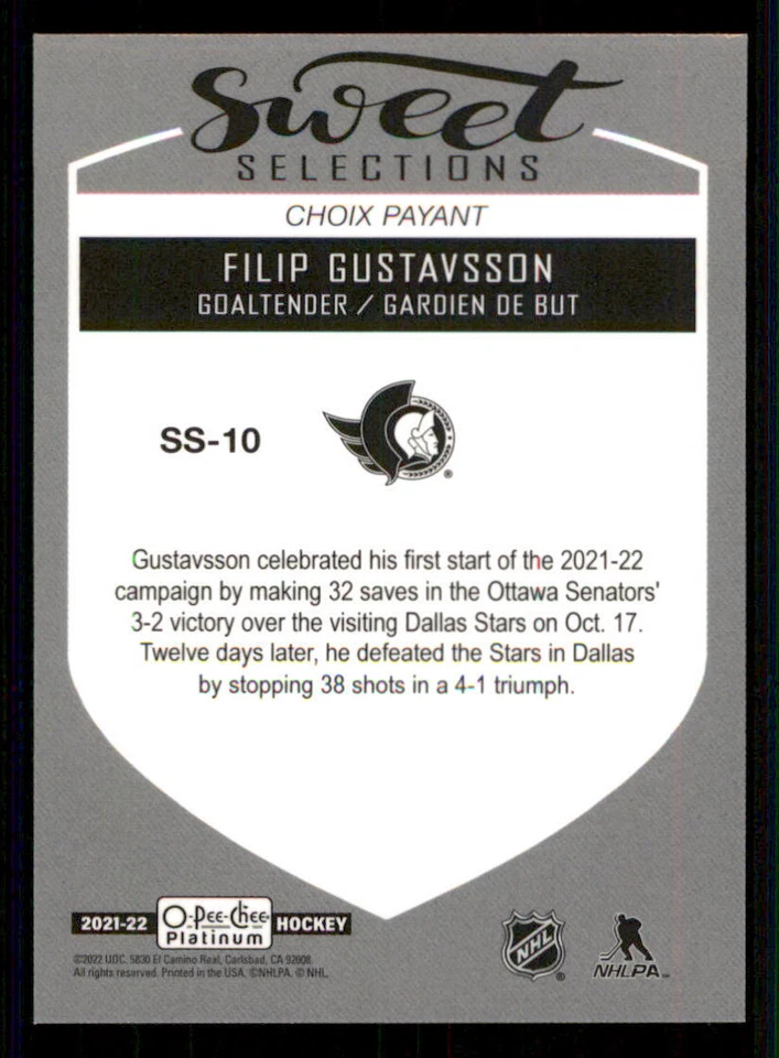 2021-22 O-Pee-Chee Platinum Sweet Selections #SS10 Filip Gustavsson - Image 2 of 2