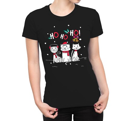 1Tee Damen T-Shirt Ho Ho Festliche Katzen Weihnachten