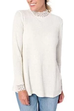 LOGO by Lori Goldstein MetallicWaffleKnitMockNeck w/Lace Coconut Milk