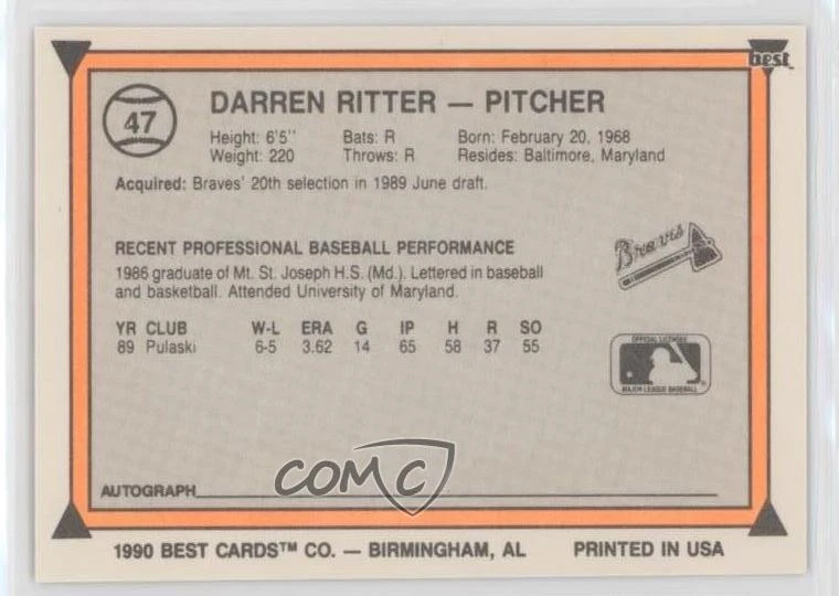 1990 Best Minor League Darren Ritter #47 - Image 2 of 2