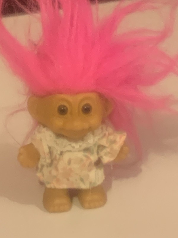 3” Vintage Russ Troll Doll Pink Hair Flowered Shirt/Dress Brown Eyes 