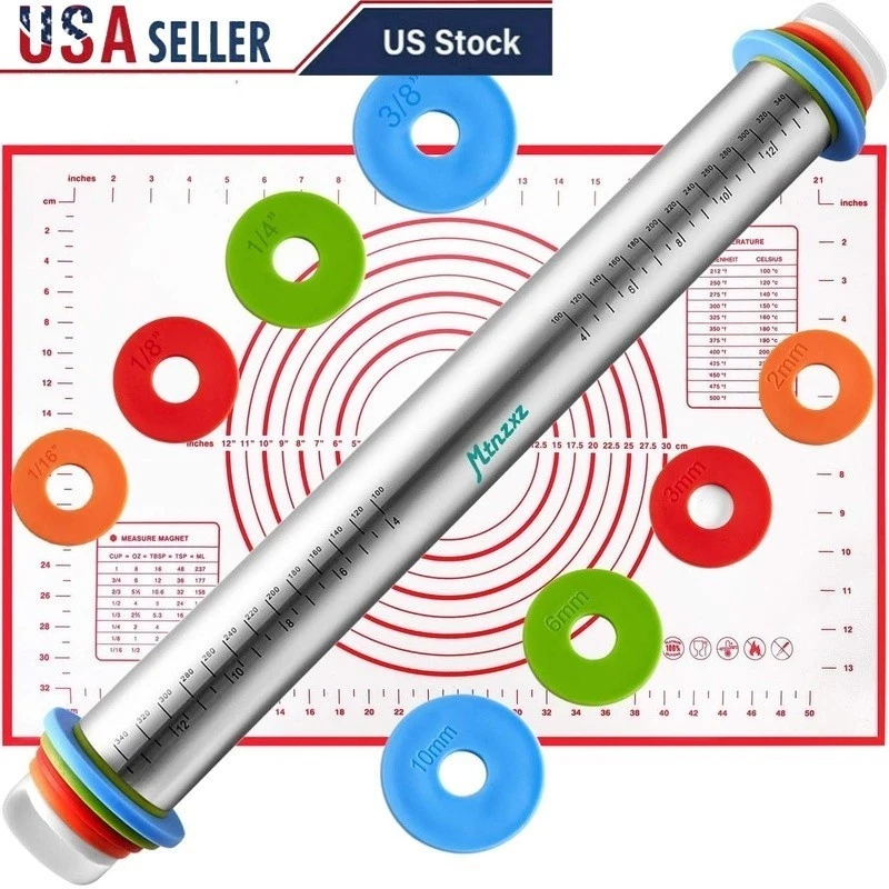 Adjustable Stainless Steel Rolling Pin W/ Measuring Rings & Pastry Mat Set New
