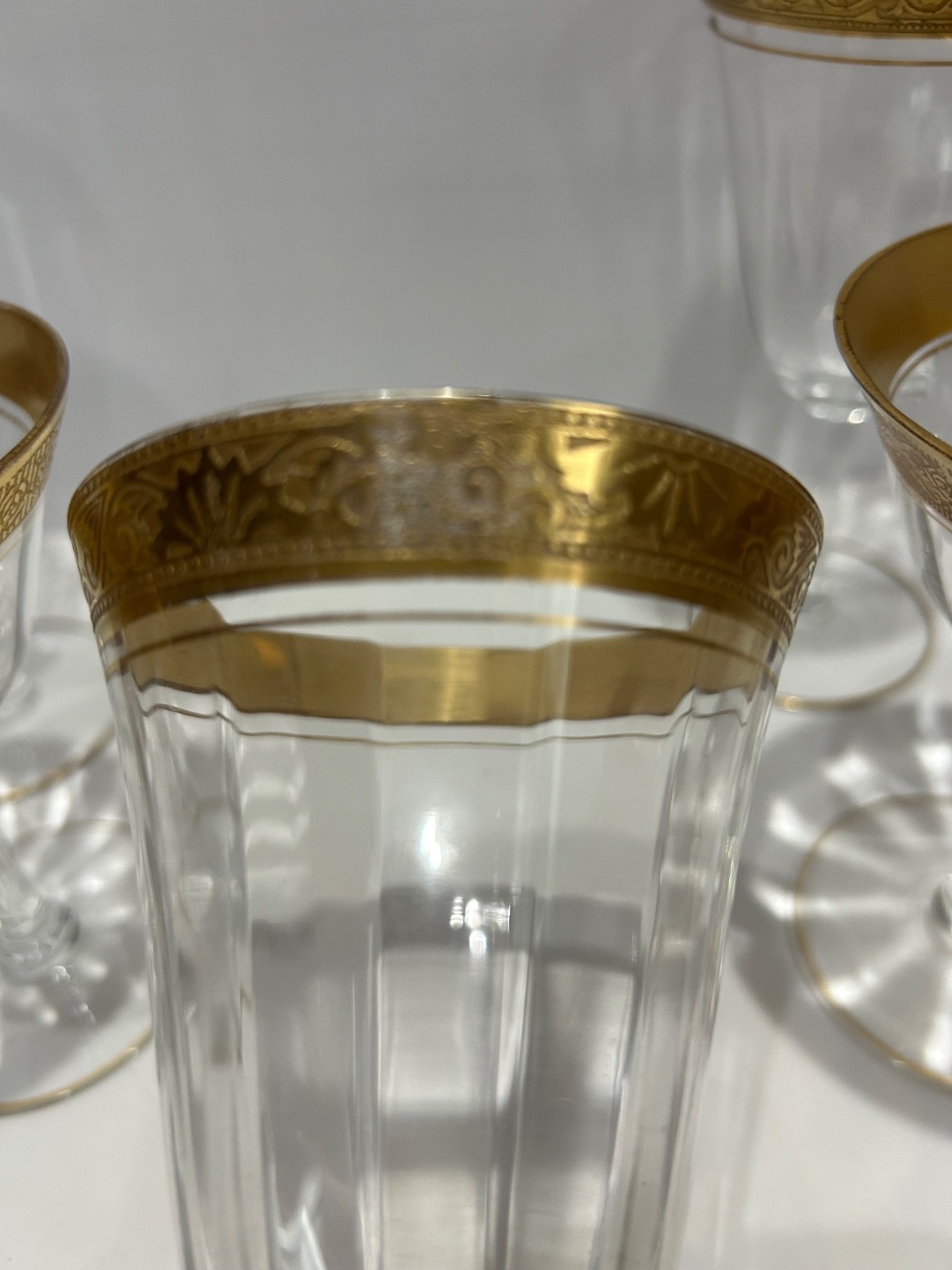 6  Tiffin-Franciscan Minton Optic Glass Gold Trim Footed Glasses assorted Sizes