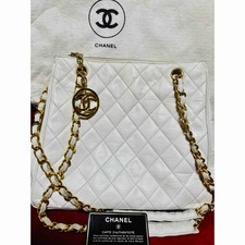 Authentic CHANEL White Quilted Lambskin Chain Shoulder Bag Vintage 1990s w/ Card