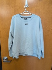 DKNY Sweater Women's XXL Light Blue Crewneck Fleece Pullover Logo Solid EUC