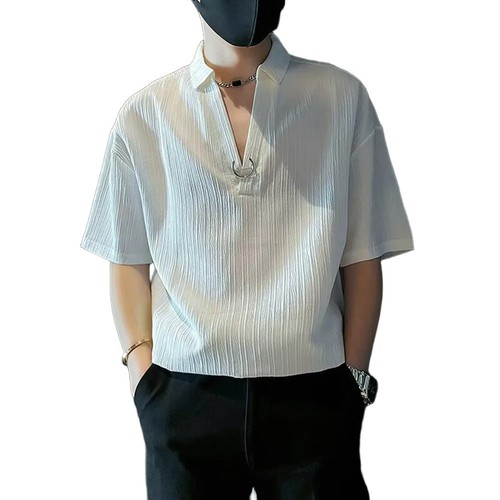 Men Lapel V-neck Loose Casual T-Shirts Handsome Five-point Short-sleeved Top Tee - Picture 5 of 22