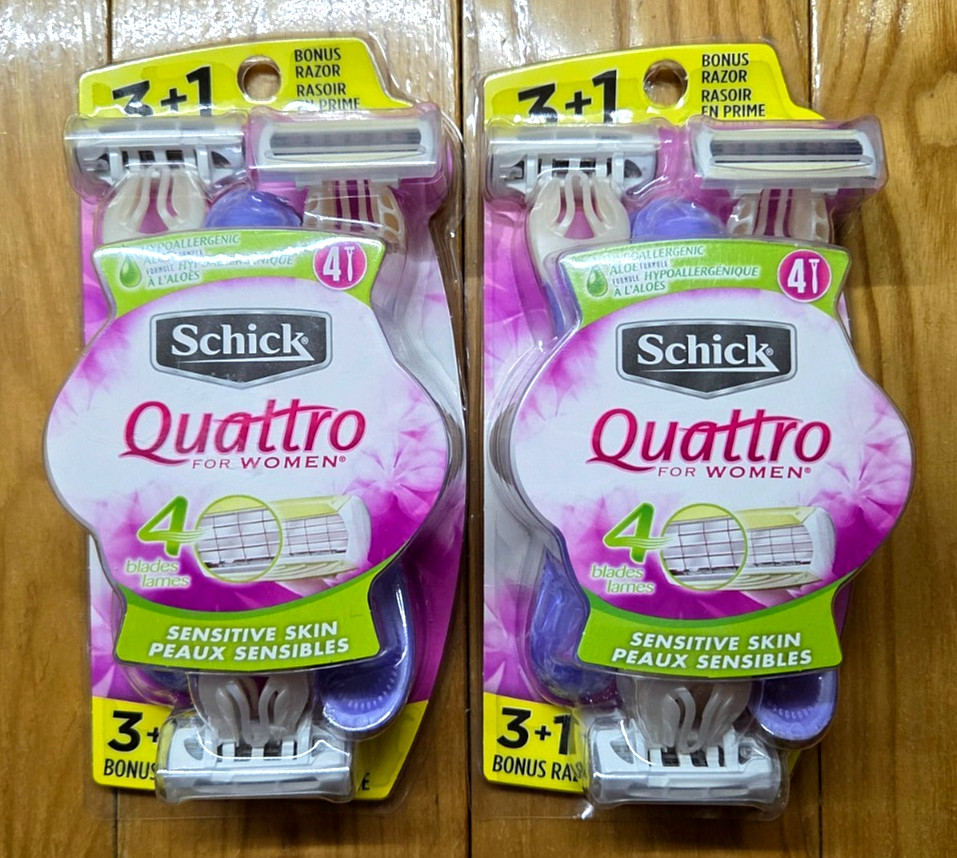 2 X SCHICK QUATTRO FOR WOMEN SENSITIVE SKIN 4 BLADES 4 RAZORS EACH
