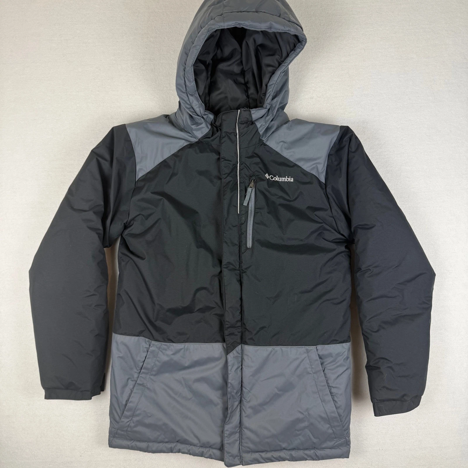 Columbia Mens Hooded Puffer Jacket Black Gray Insulated Winter Coat Sz Small