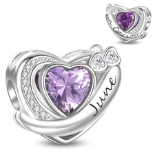 June Birthstone Heart Charms 925 Sterling Silver,Love Heart Beads for Charm Brac
