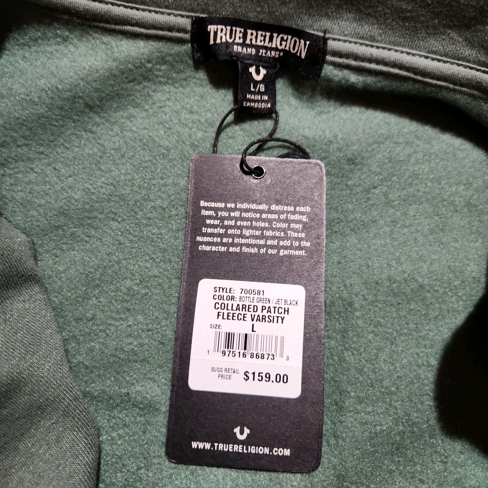 True Religion Mens Collared Patch Fleece Varsity Jacket Size Large Green NWT thumbnail 6