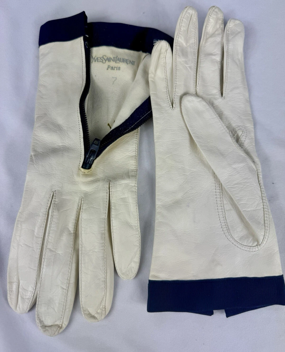 YSL Yves Saint Laurent Leather Zip Gloves Off White Size 7 XS/S