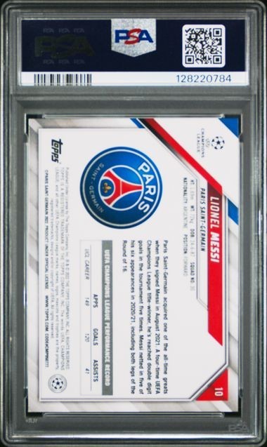 2021-22 Topps UEFA Lionel Messi PSA 8 view 2