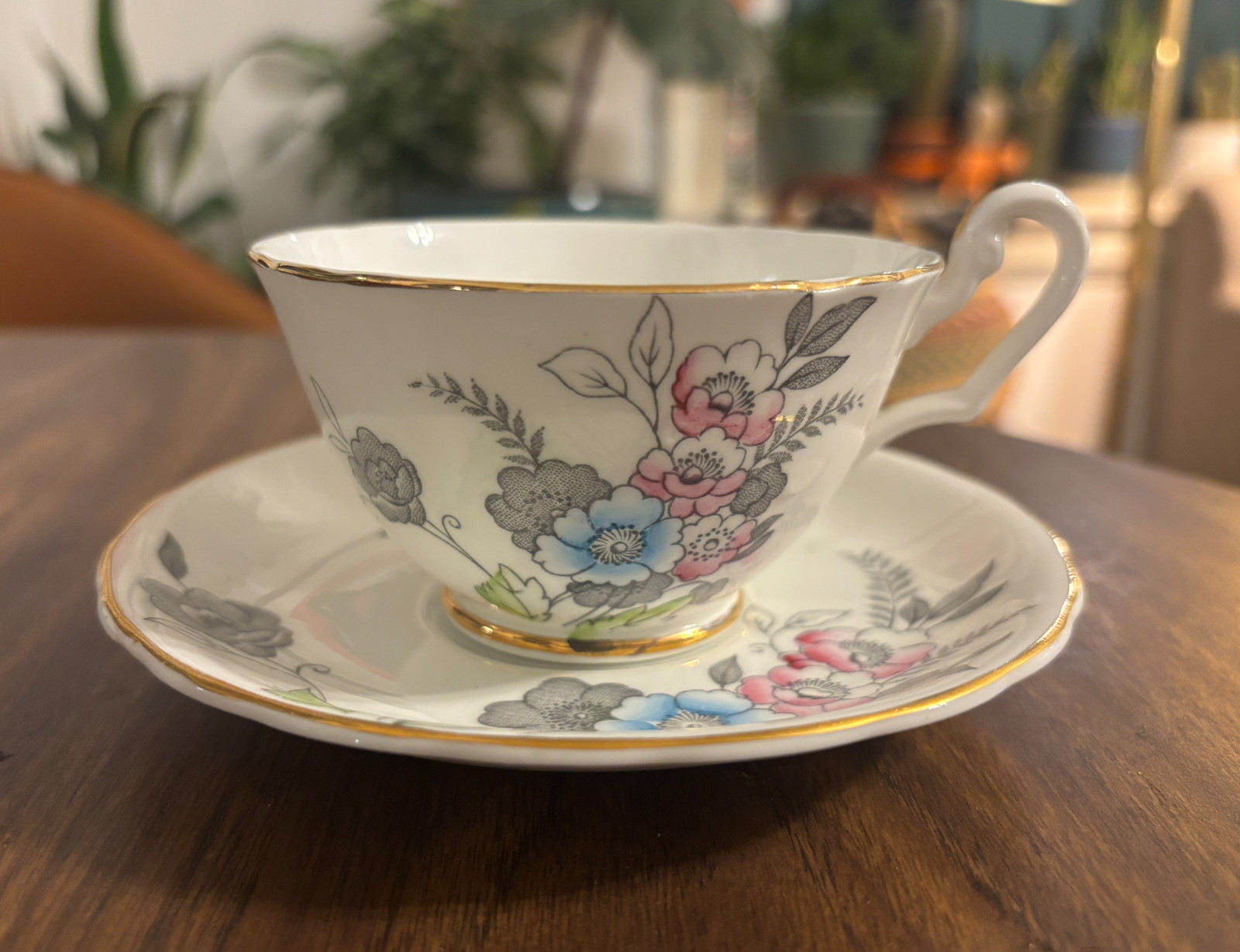 Vintage Clarence England Bone China Pink & Blue Primrose Floral Cup&Saucer 1950s