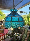 Mid-Century Tiffany Style Metal Chain Hanging Stained Glass Blue Lamp Vintage