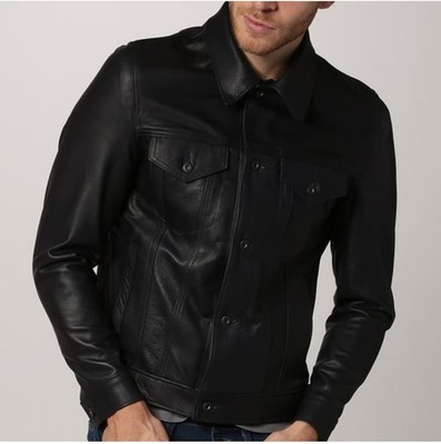 Men s Black Genuine Leather TruckerStyle Jacket Button Front Casual Shirt Collar