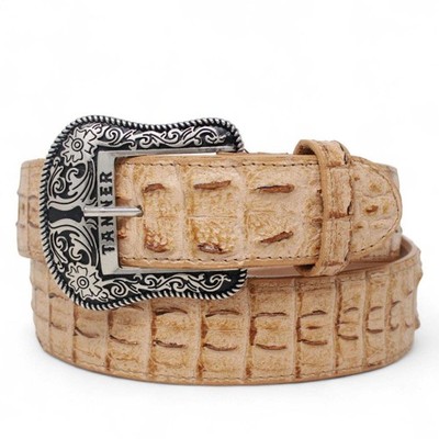 Genuine Leather Caiman Hornback Print Texas Metal Buckle Belt Sand Color - Tanne