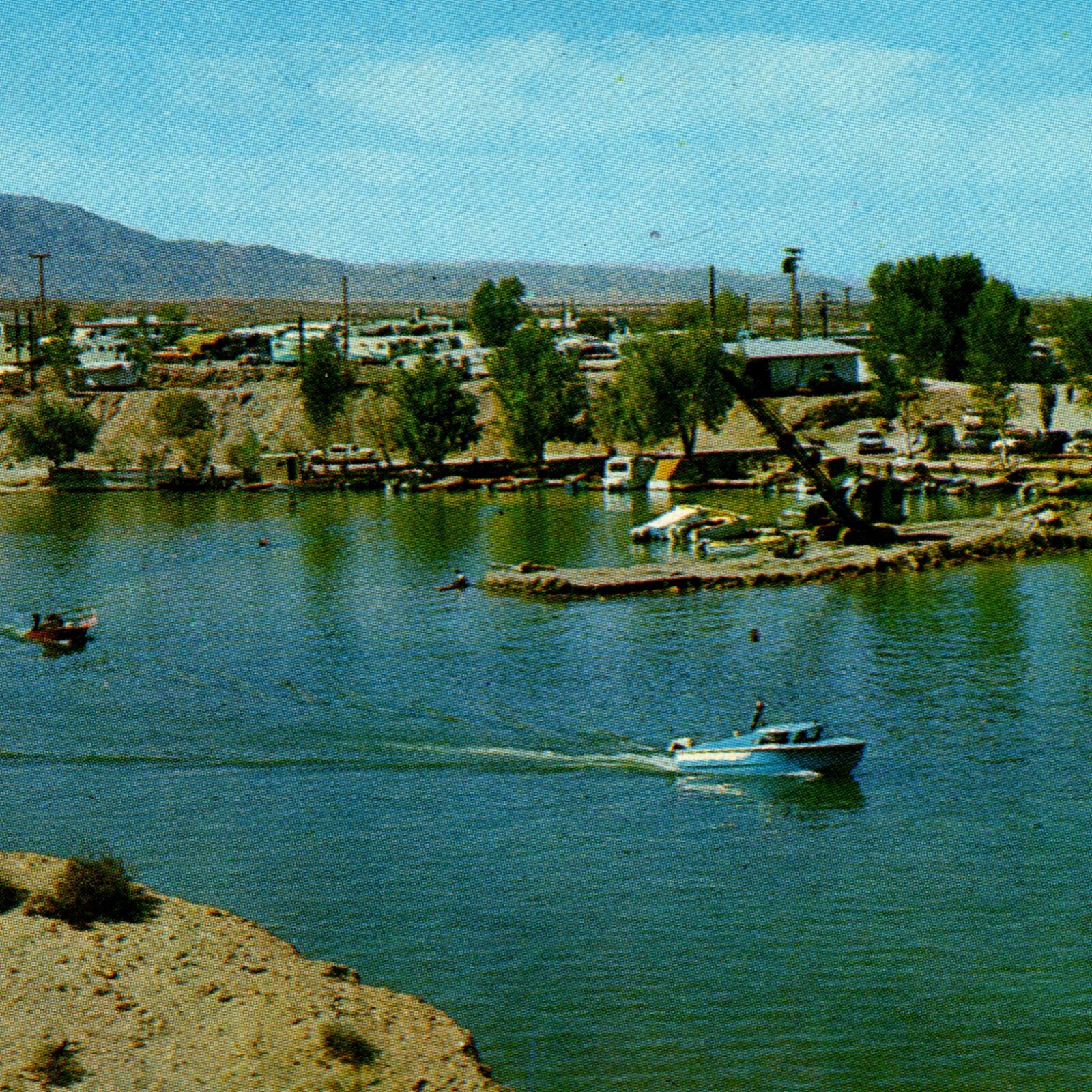 Boating at Havasu Landing CA - Campers and Cabins in Background - Postcard