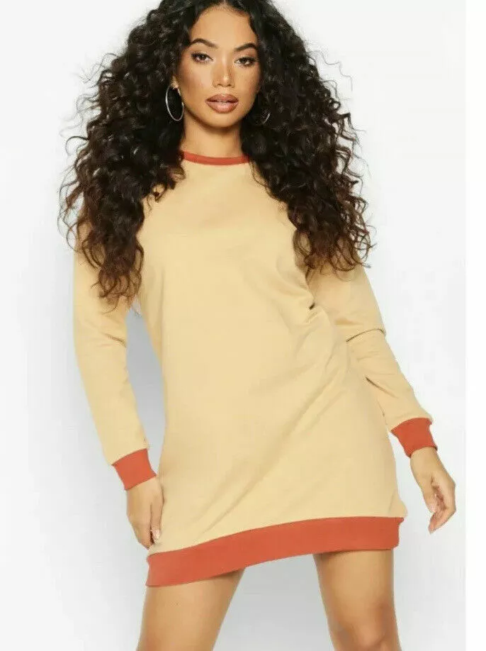 Boohoo Sweat Dress Size 8 10 12 Petite Jumper Dress In Stone Contrast Trim New