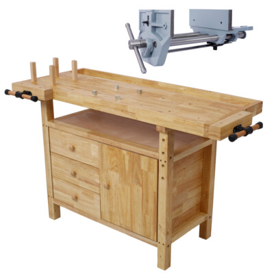 Wooden Workbench for Garage Workshop w Rapid Action Woodworking Vise 9 Inch Jaw