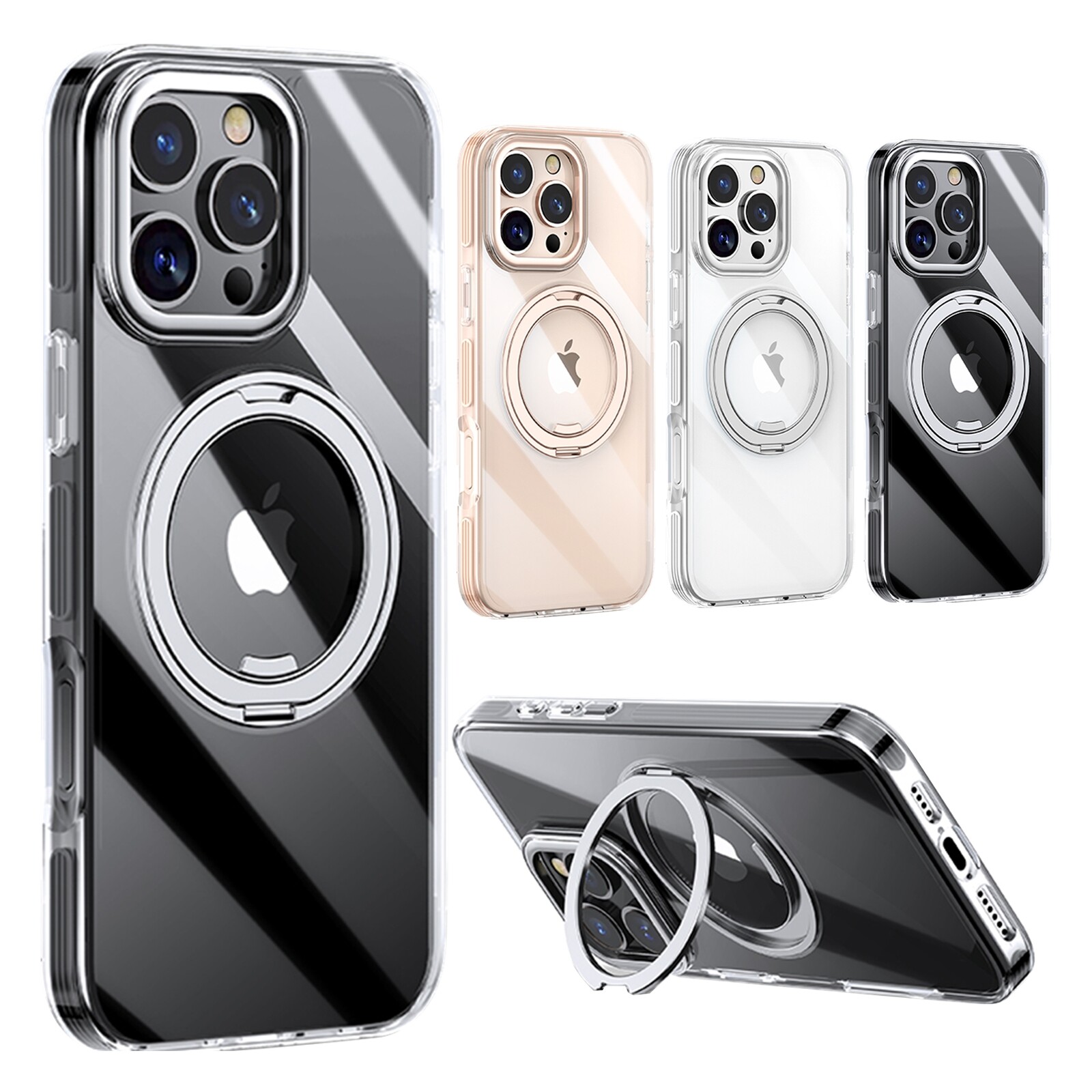 For iPhone 16 Pro Max Transparent Ring Hold Stand Slim Case Shockproof TPU Cover