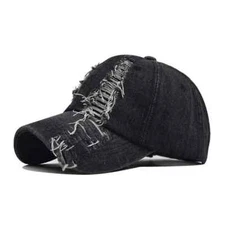 Black Distressed Denim Baseball Cap Ripped Hat For Women, Men Solid, Streetwear